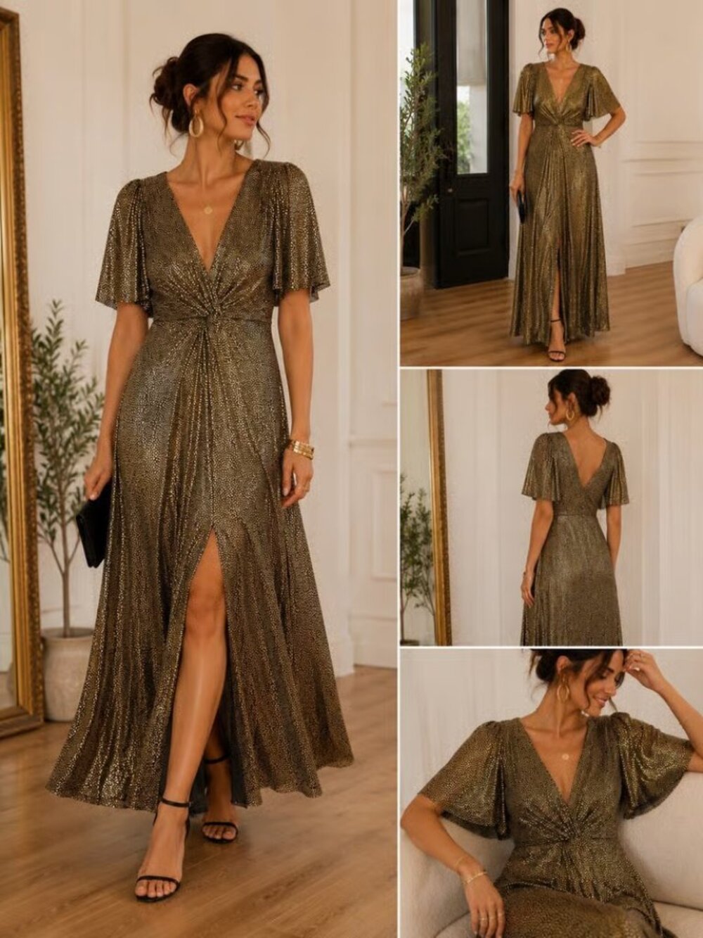 Halogen Gold Metallic Flutter Sleeve Faux Wrap Maxi Dress Glam Evening Gown